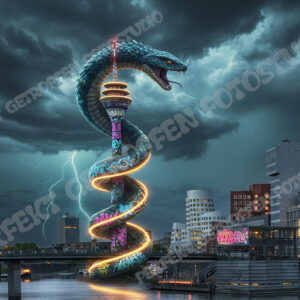 Schlange Düsseldorfer Rheinturm & Medienhafen