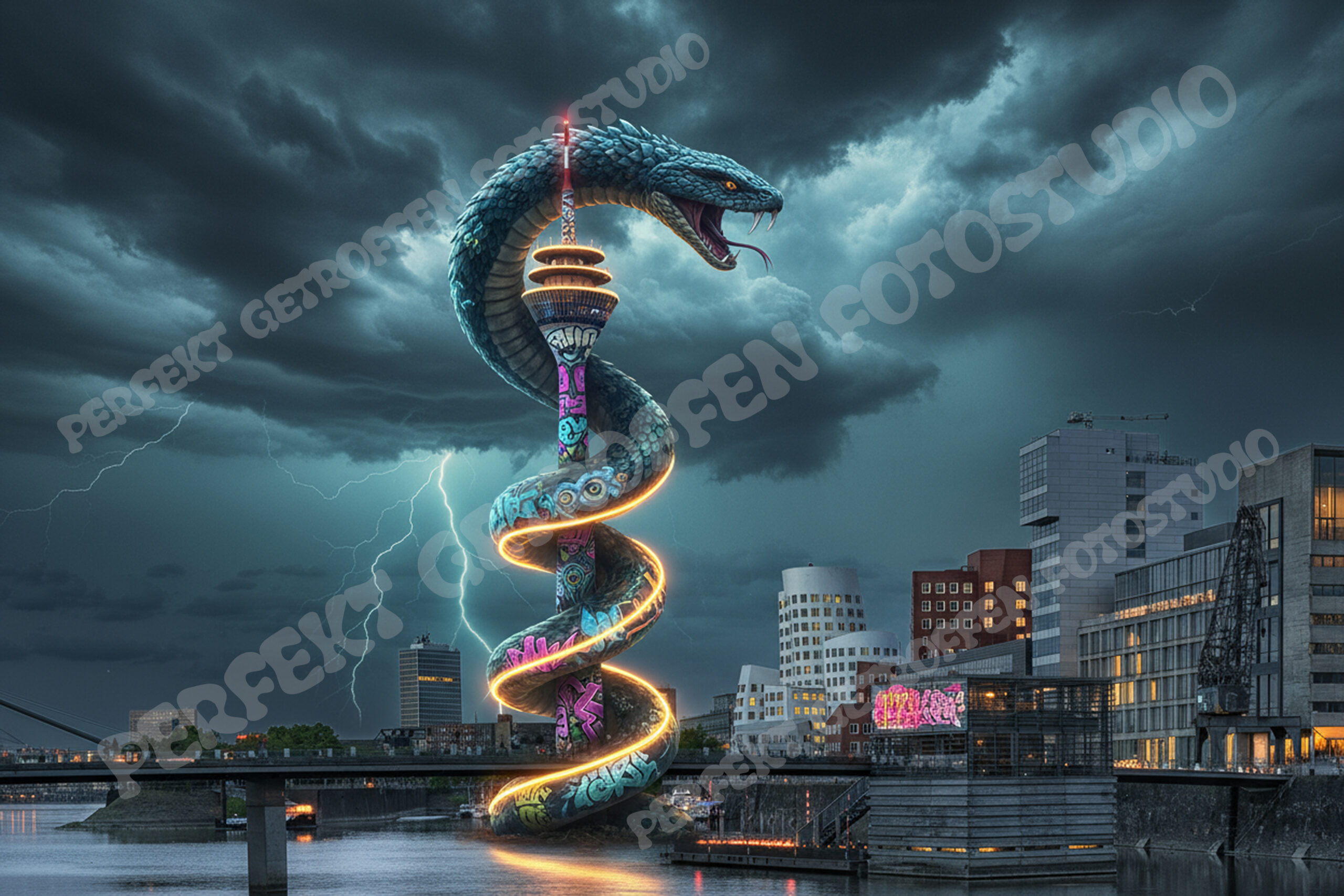 Schlange Düsseldorfer Rheinturm & Medienhafen